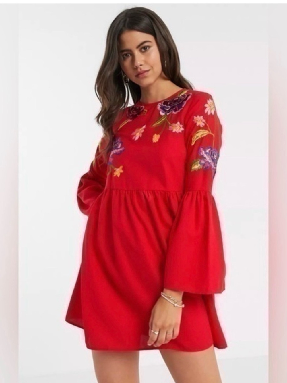 🌸 ASOS DESIGN fluted sleeve embroidered smock mini dress in red 4 Bohemian boho